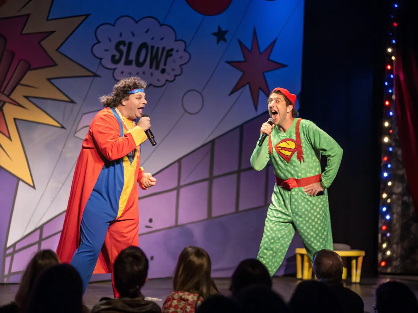 A vibrant image of a live performance featuring a diverse group of young artists on stage, engaging an enthusiastic audience.