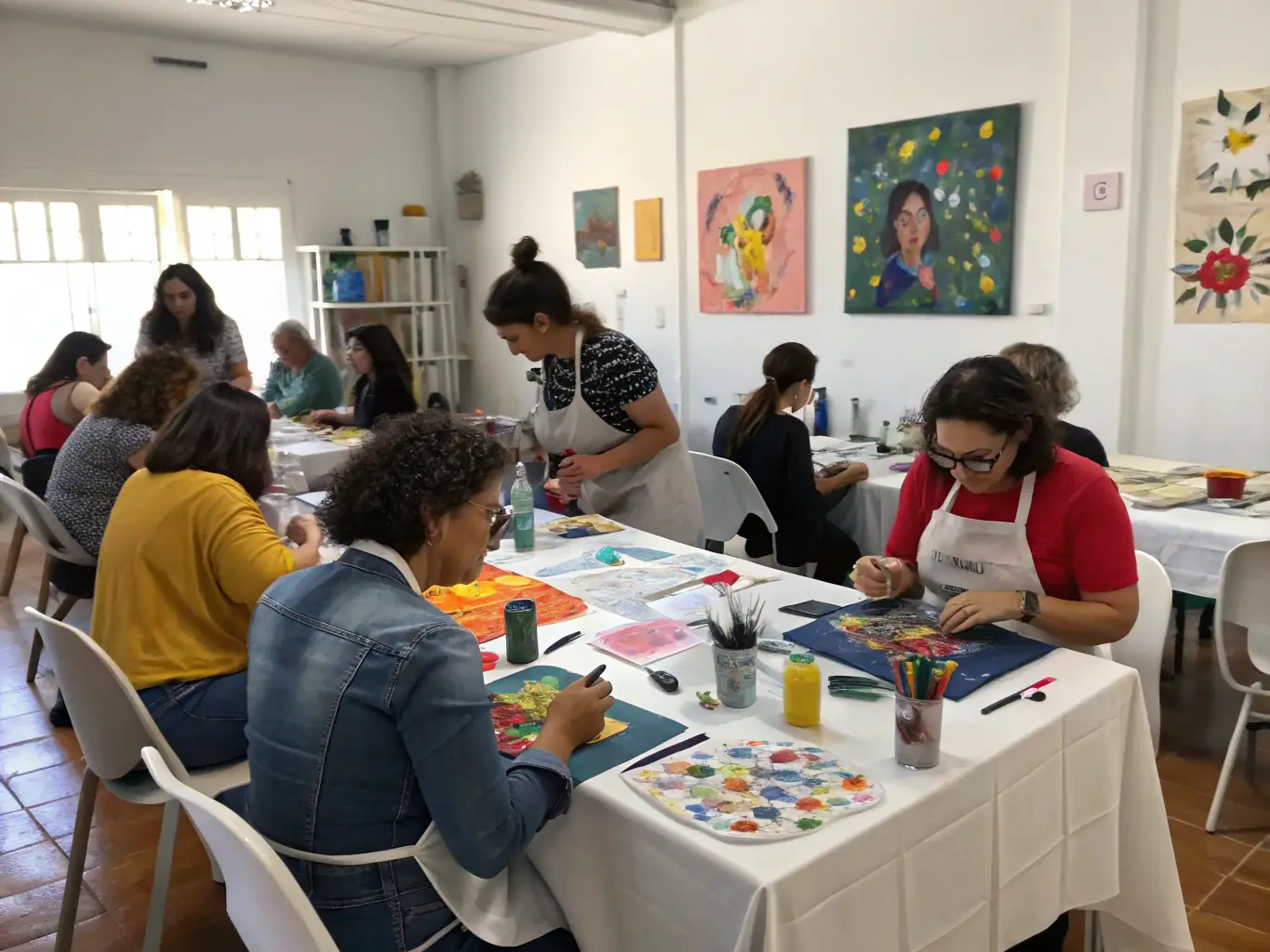 A vibrant image of artists participating in a collaborative workshop, focused on stage presence and performance techniques, with a mentor guiding them.