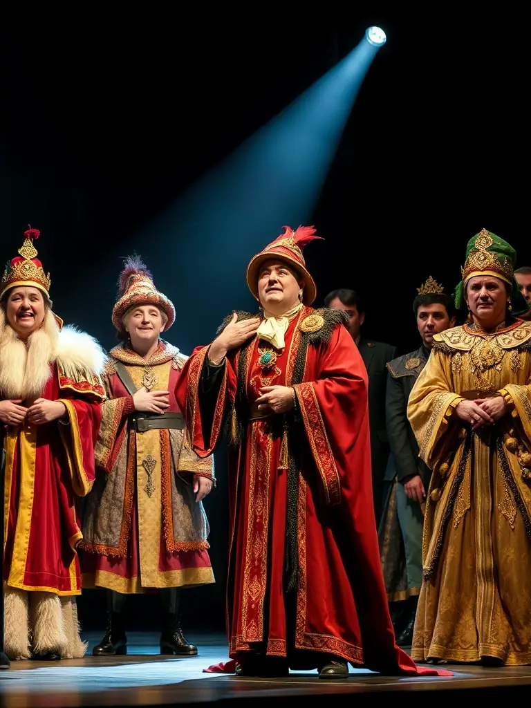 A visually striking image of a theatrical performance, featuring actors in costume on stage, conveying the dramatic storytelling ARTS enables.
