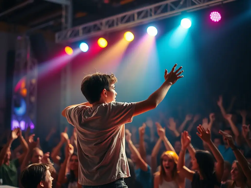 A captivating image of a live performance on stage, showcasing an emerging artist in the spotlight, with an engaged audience in the background.