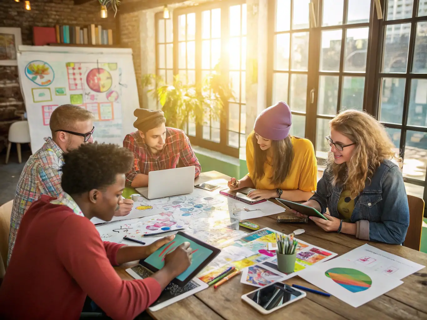A dynamic image of artists brainstorming and collaborating on a new project, surrounded by creative materials and inspirational resources.