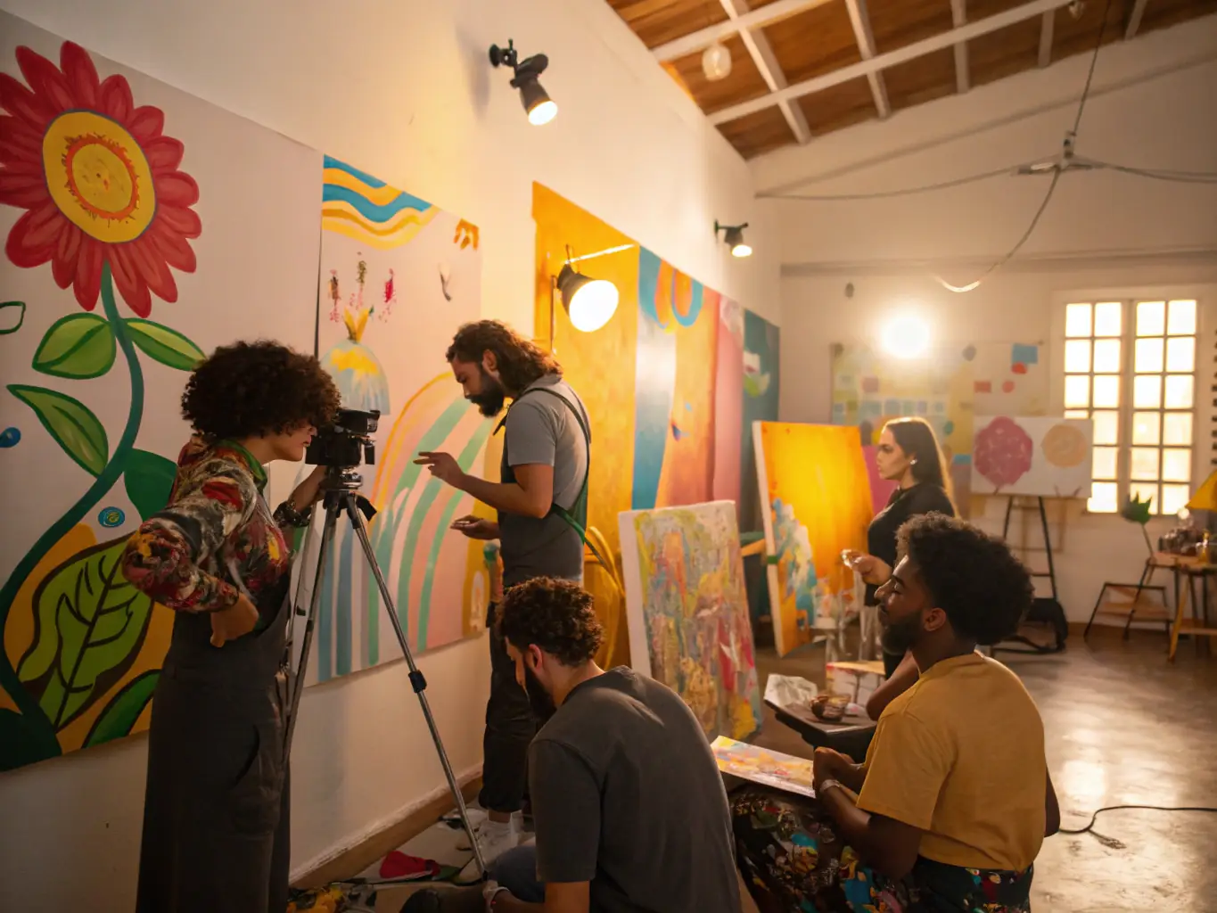 A photograph capturing a behind-the-scenes moment during a rehearsal, showing artists collaborating and refining their performances.